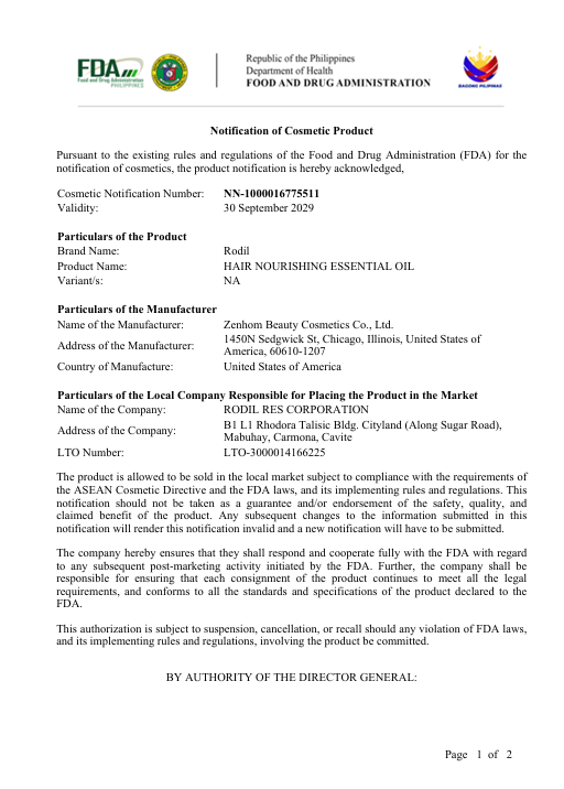 Rodil Essential Oil FDA - CPN